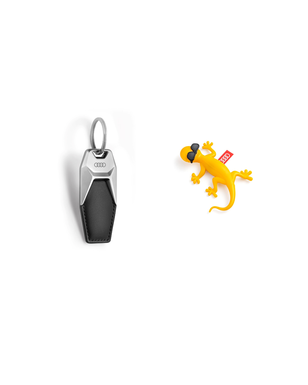 Original Audi Schlüsselanhänger Leder Ringe mit Duftgecko in gelb mit Sonnenbrille