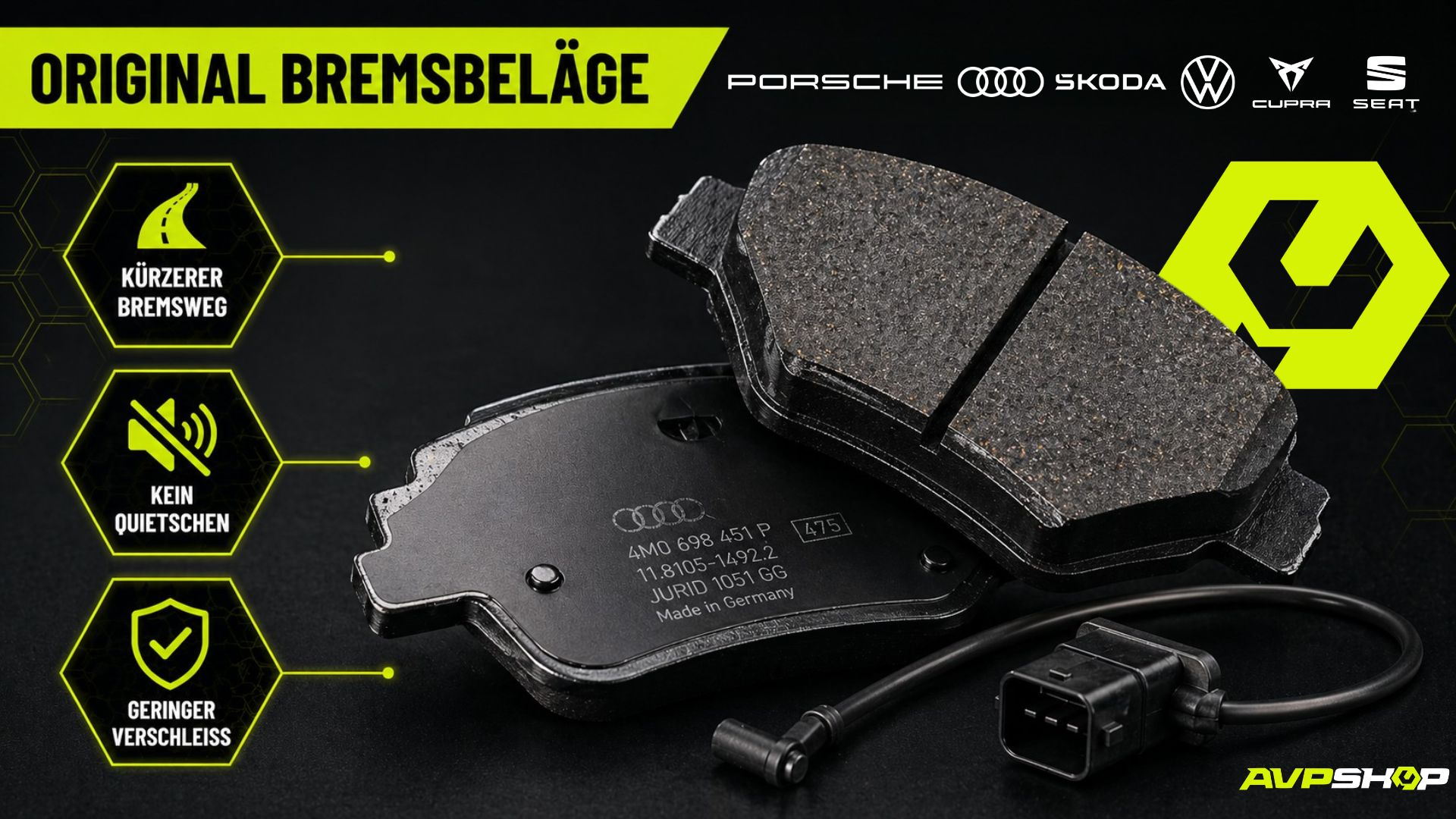 Original VAG Bremsbeläge und Warnkontaktkabel für Audi, VW, Skoda, Seat